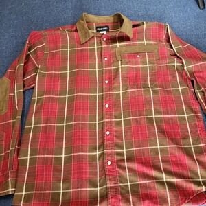 Stone Creek Mens Red Brown Plaid Flannel Pearl Snap Shirt L Suede Collar Trim 16